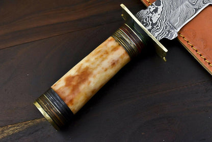 12" Handmade Damascus Steel Bowie Knife with Camel Bone Handle & Leather Sheath