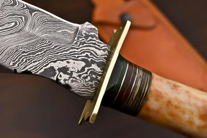 12" Handmade Damascus Steel Bowie Knife with Camel Bone Handle & Leather Sheath