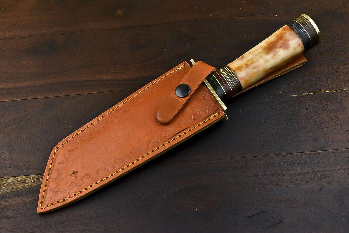 12" Handmade Damascus Steel Bowie Knife with Camel Bone Handle & Leather Sheath