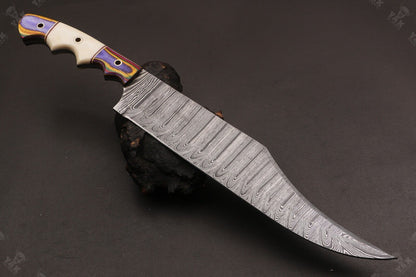 Heritage Forge 15.5 Inch Custom Hand Forged Twist Damascus Hunting Bowie Knife with Camel Bone and Wood Handle