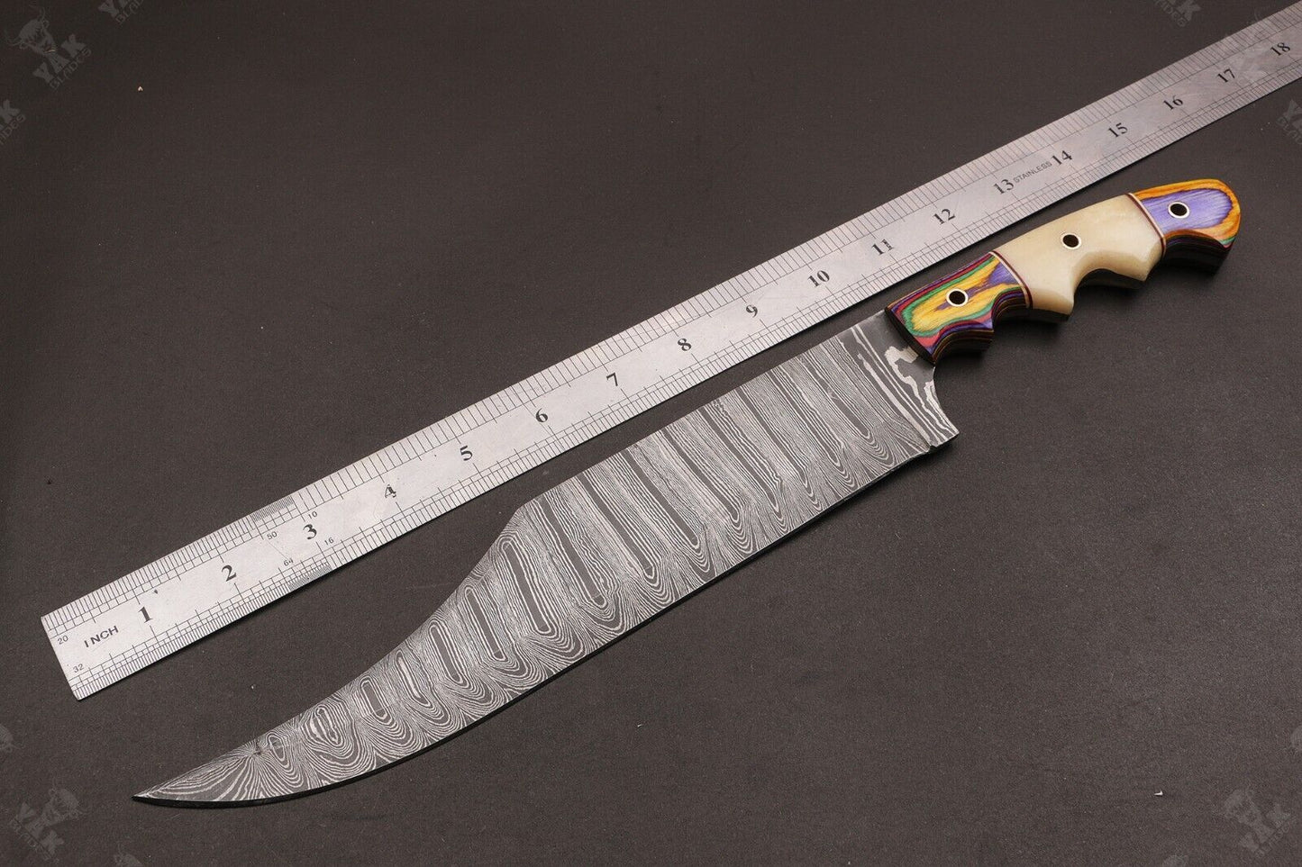 Heritage Forge 15.5 Inch Custom Hand Forged Twist Damascus Hunting Bowie Knife with Camel Bone and Wood Handle