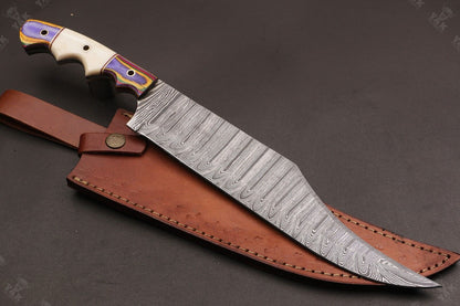 Heritage Forge 15.5 Inch Custom Hand Forged Twist Damascus Hunting Bowie Knife with Camel Bone and Wood Handle