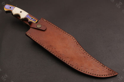 Heritage Forge 15.5 Inch Custom Hand Forged Twist Damascus Hunting Bowie Knife with Camel Bone and Wood Handle
