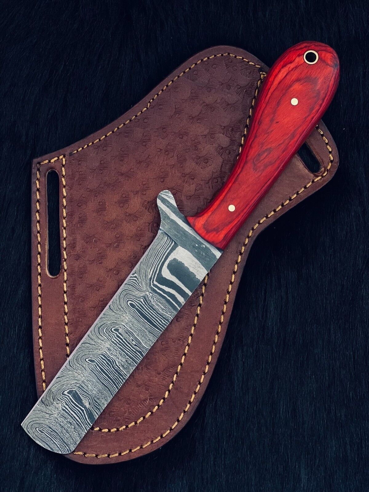 Heritage Forge 9 Inch Damascus Steel Cowboy Bowie Knife with Camel Bone and Wood Handle