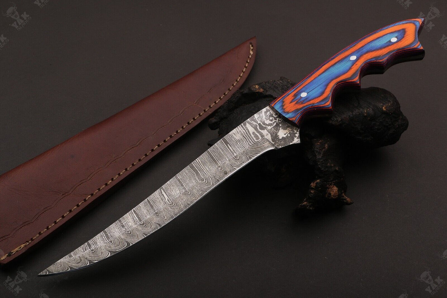 12" Hand Forged Twist Damascus Fillet Knife & Damascus Steel Fillet Knife With Leather Sheath