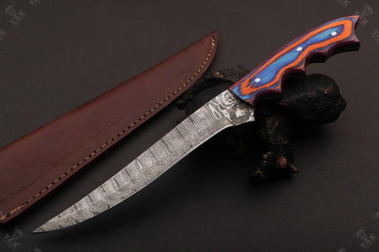 12" Hand Forged Twist Damascus Fillet Knife & Damascus Steel Fillet Knife With Leather Sheath