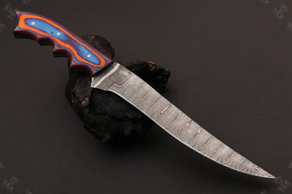 12" Hand Forged Twist Damascus Fillet Knife & Damascus Steel Fillet Knife With Leather Sheath