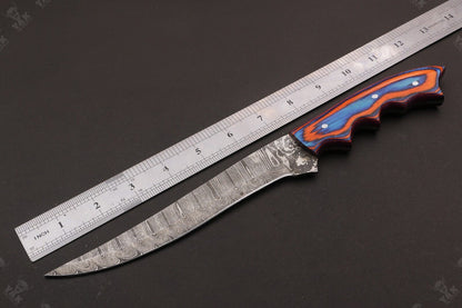 12" Hand Forged Twist Damascus Fillet Knife & Damascus Steel Fillet Knife With Leather Sheath