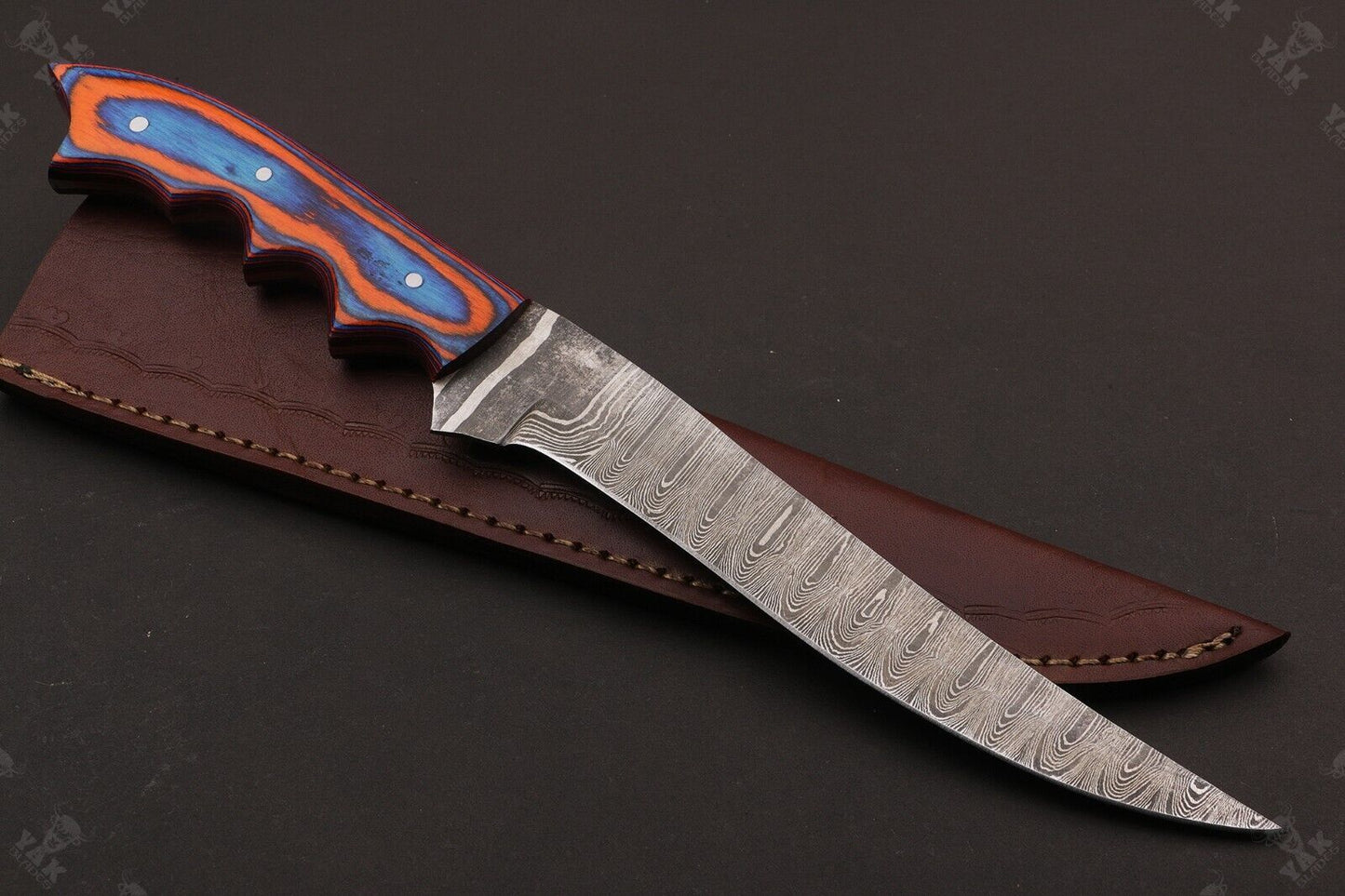 12" Hand Forged Twist Damascus Fillet Knife & Damascus Steel Fillet Knife With Leather Sheath