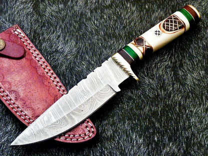 Heritage Forge 10 Inch Damascus Steel Camping Hunting Knife with Camel Bone Handle