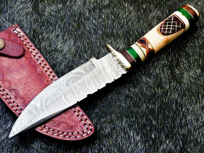 Heritage Forge 10 Inch Damascus Steel Camping Hunting Knife with Camel Bone Handle