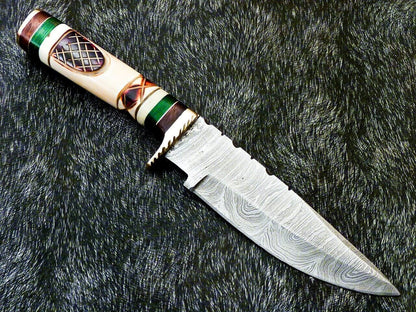 Heritage Forge 10 Inch Damascus Steel Camping Hunting Knife with Camel Bone Handle