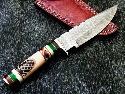 Heritage Forge 10 Inch Damascus Steel Camping Hunting Knife with Camel Bone Handle