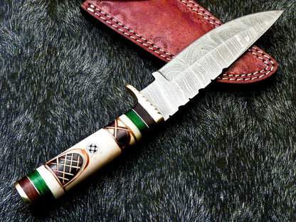 Heritage Forge 10 Inch Damascus Steel Camping Hunting Knife with Camel Bone Handle