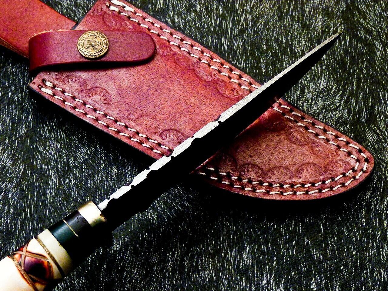 Heritage Forge 10 Inch Damascus Steel Camping Hunting Knife with Camel Bone Handle