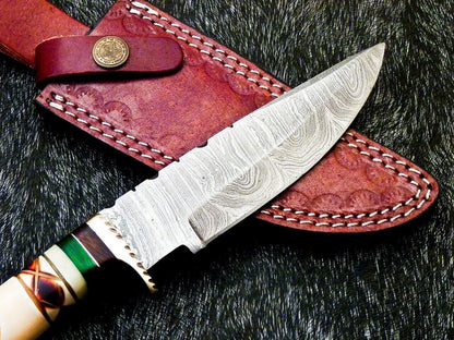 Heritage Forge 10 Inch Damascus Steel Camping Hunting Knife with Camel Bone Handle