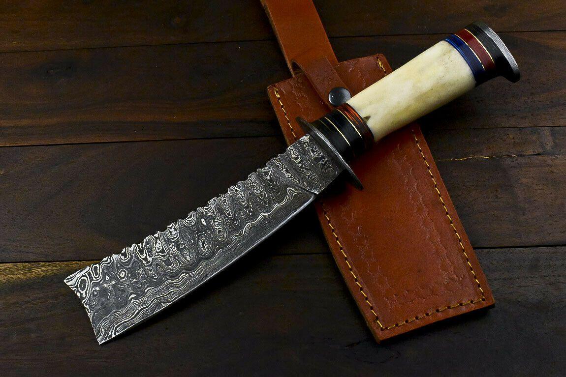 12.1" Handmade Damascus Hunting Bowie Knife – Camel Bone Handle