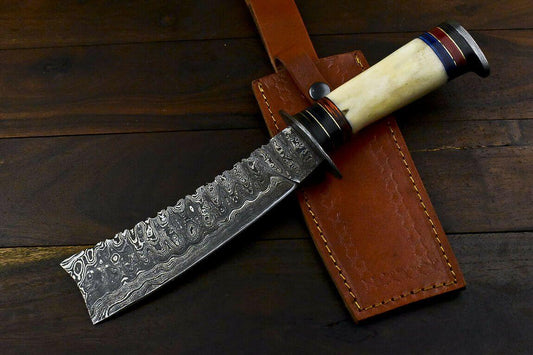 12.1" Handmade Damascus Bowie Knife Damascus Steel Knife With Camel Bone Handle