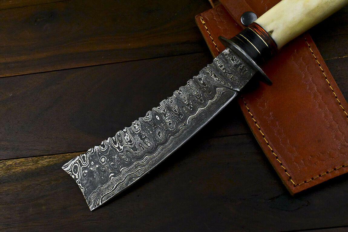 12.1" Handmade Damascus Hunting Bowie Knife – Camel Bone Handle