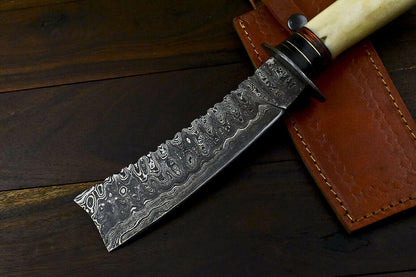 12.1" Handmade Damascus Hunting Bowie Knife – Camel Bone Handle