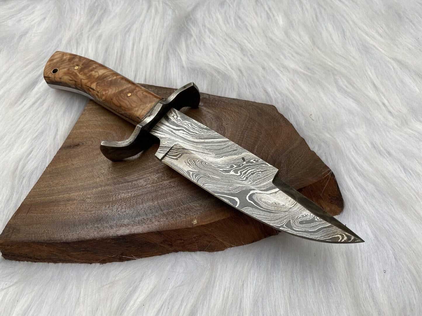 Damascus Bowie – Wood Handle, 12" Hand-Forged Blade with Leather Sheath