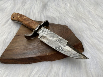 Damascus Bowie – Wood Handle, 12" Hand-Forged Blade with Leather Sheath