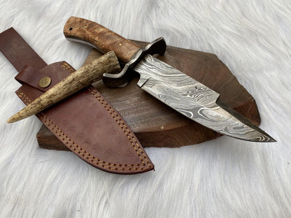 Damascus Bowie – Wood Handle, 12" Hand-Forged Blade with Leather Sheath