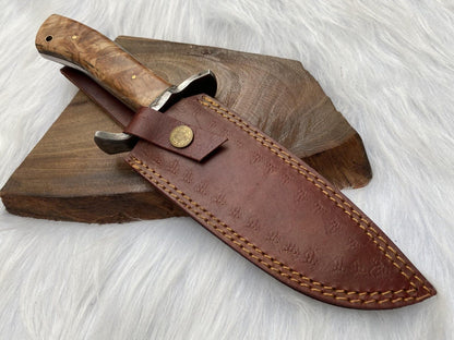 Damascus Bowie – Wood Handle, 12" Hand-Forged Blade with Leather Sheath