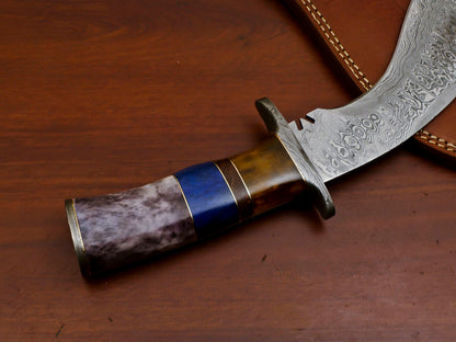 15" Damascus Kukri Bowie Knife – Camel Bone & Rosewood Handle