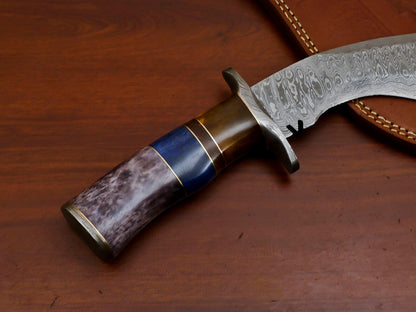 15" Damascus Kukri Bowie Knife – Camel Bone & Rosewood Handle