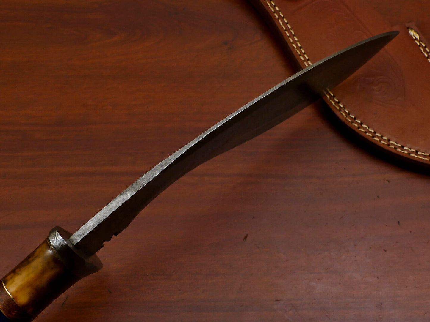 15" Damascus Kukri Bowie Knife – Camel Bone & Rosewood Handle