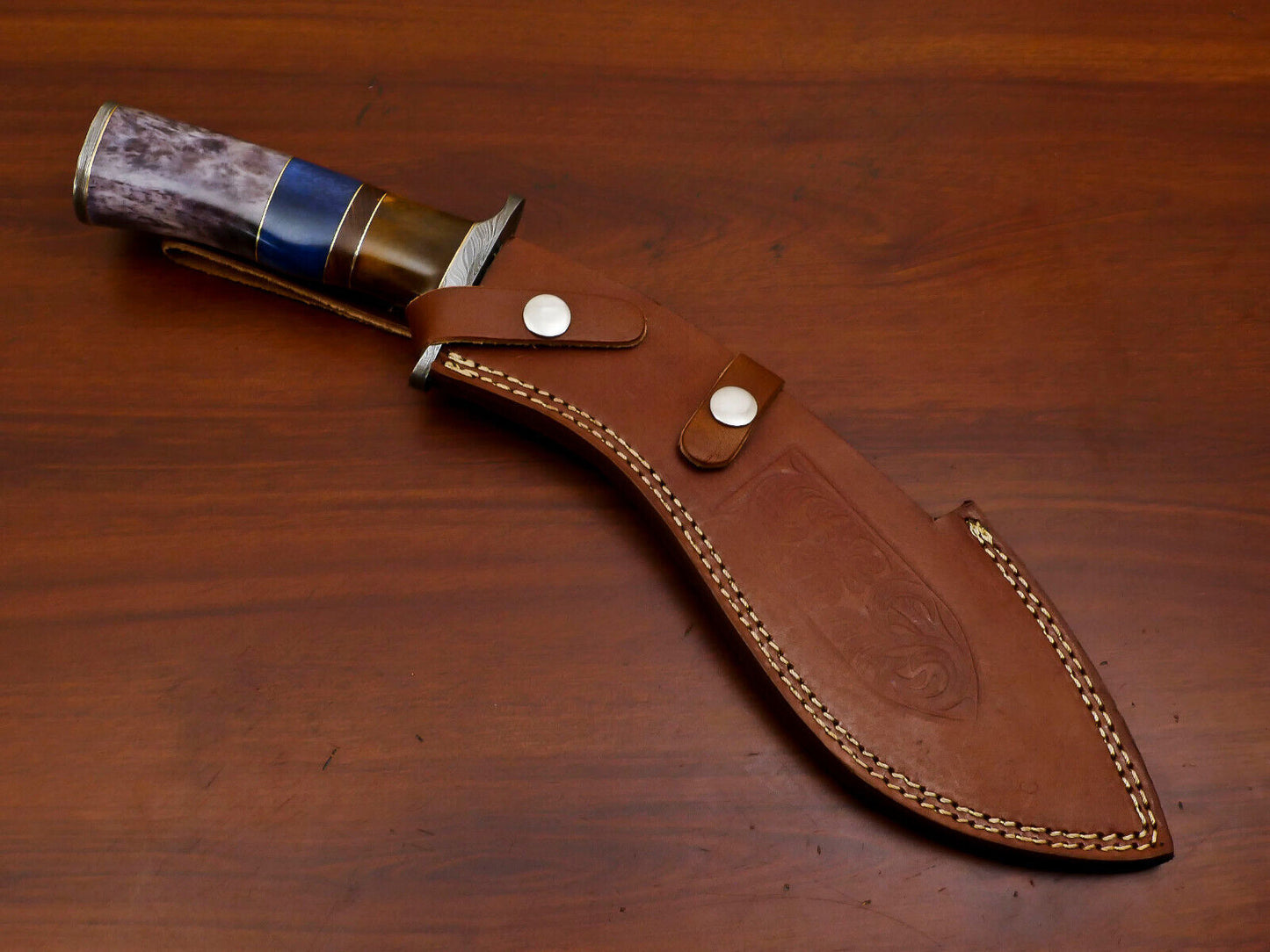 15" Damascus Kukri Bowie Knife – Camel Bone & Rosewood Handle