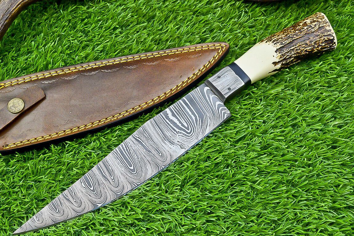 13" Damascus Bowie Knife – Stag Horn Handle with Damascus Bolster