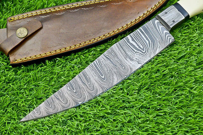 13" Damascus Bowie Knife – Stag Horn Handle with Damascus Bolster