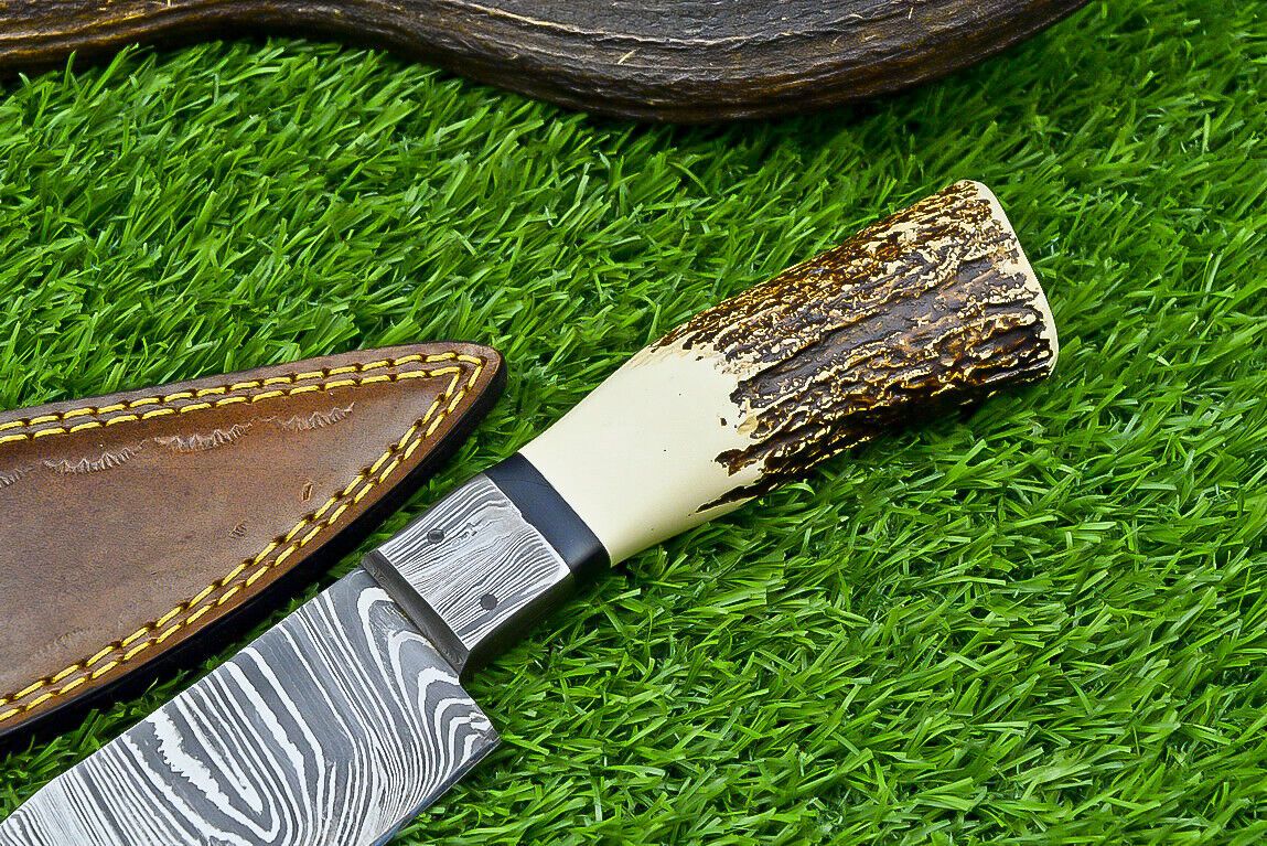 13" Damascus Bowie Knife – Stag Horn Handle with Damascus Bolster
