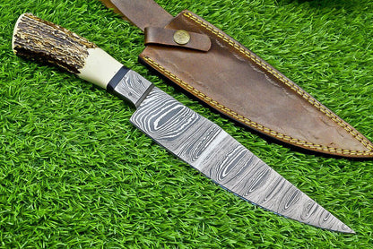 13" Damascus Bowie Knife – Stag Horn Handle with Damascus Bolster