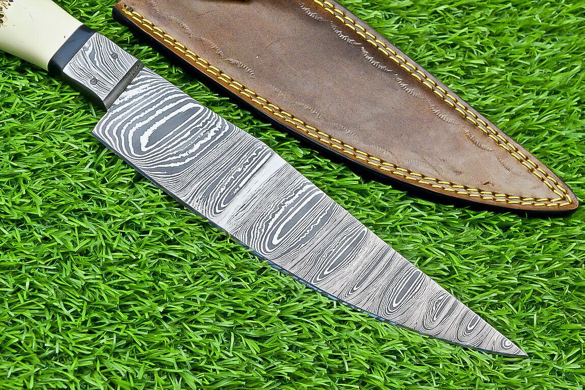 13" Damascus Bowie Knife – Stag Horn Handle with Damascus Bolster