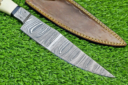 13" Damascus Bowie Knife – Stag Horn Handle with Damascus Bolster
