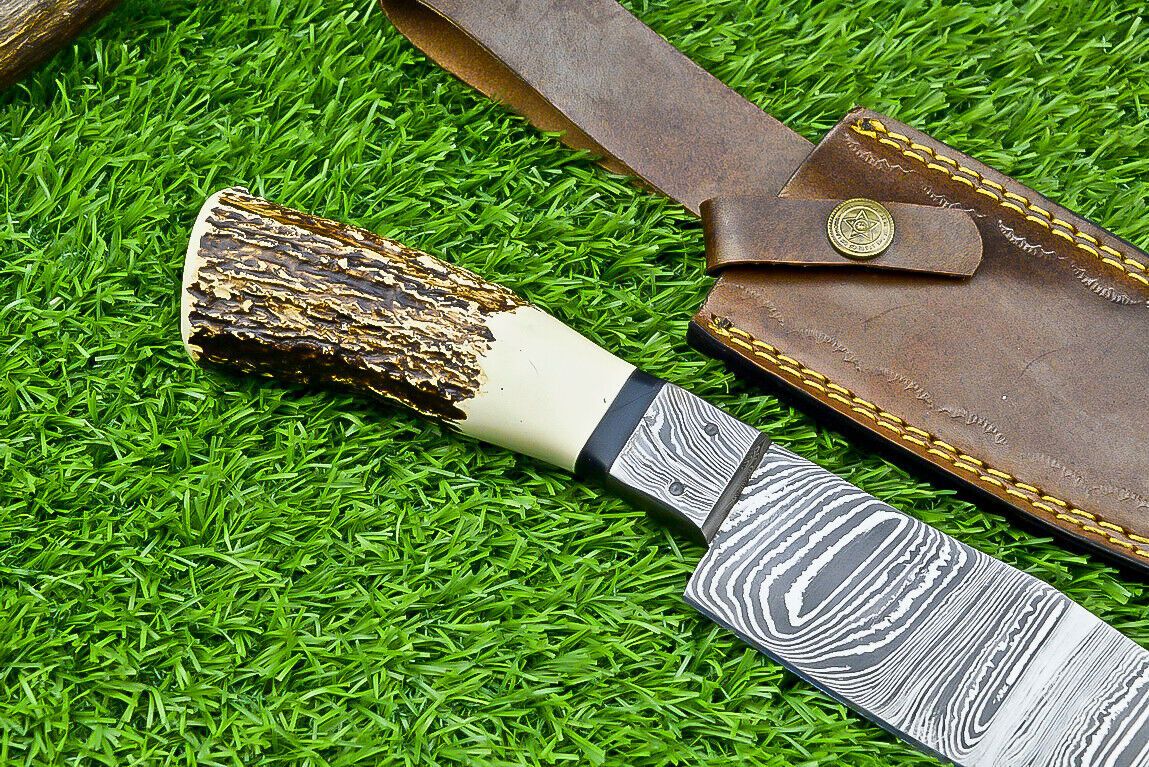 13" Damascus Bowie Knife – Stag Horn Handle with Damascus Bolster
