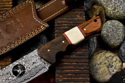 Hand Forged Skinner Knife Rain Drop Damascus Bone and Wood EDC