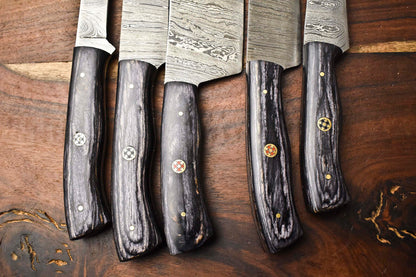 Lot of 5 Handmade Damascus Steel Blade Chef Knife Set – 384 Layer Forged Full Tang Blades