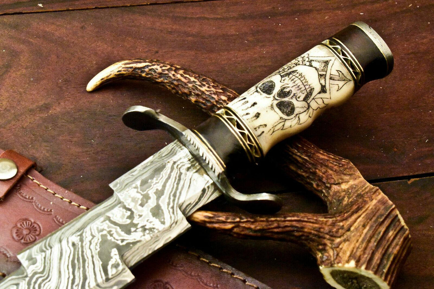17.5" Laser Etched Damascus Hunting Bowie Knife | Stained Camel Bone