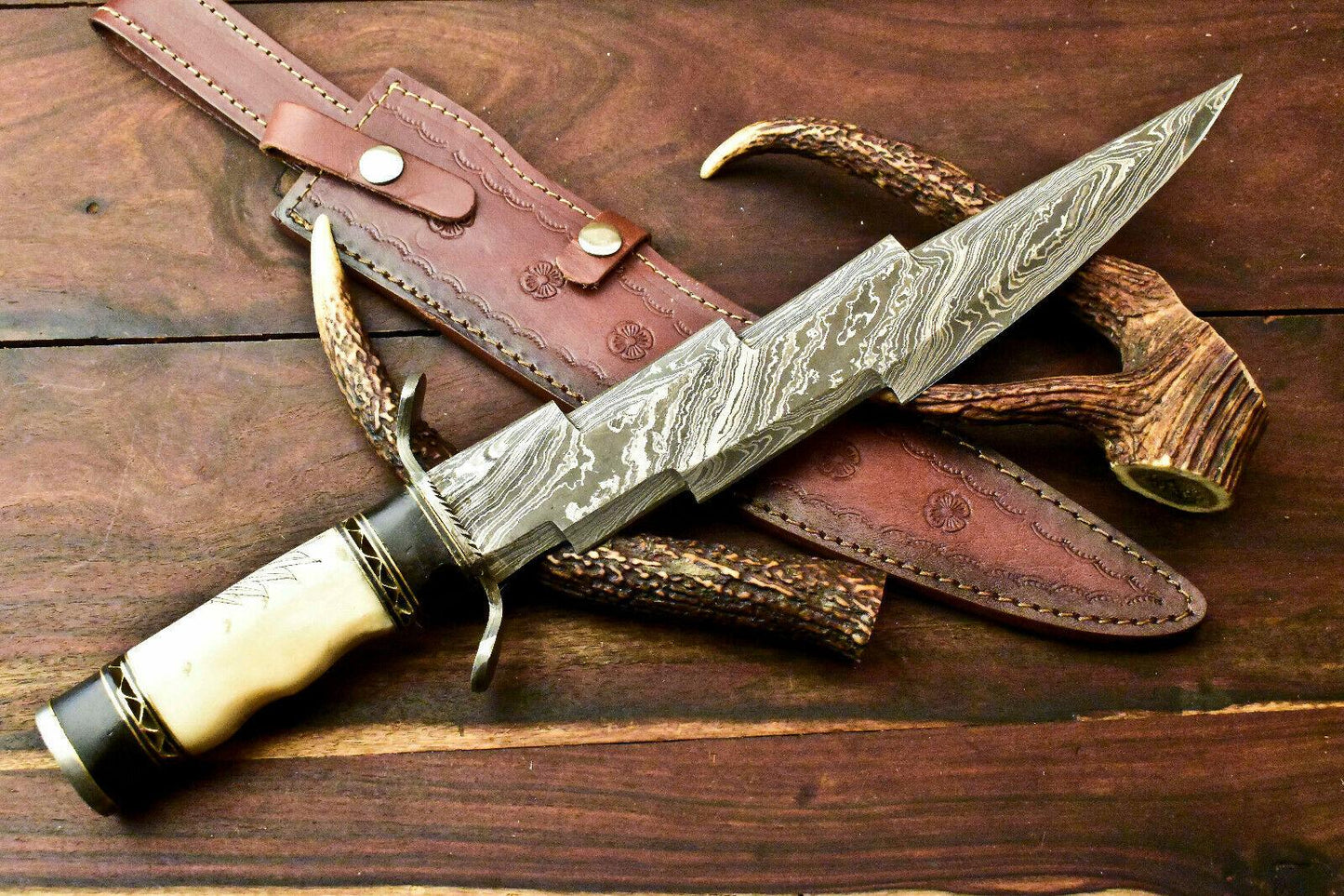17.5" Laser Etched Damascus Hunting Bowie Knife | Stained Camel Bone