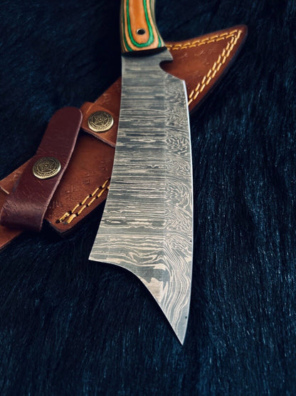 Heritage Forge 11.5 Inch Fire Damascus Steel Machete Knife with Camel Bone and Wood Handle