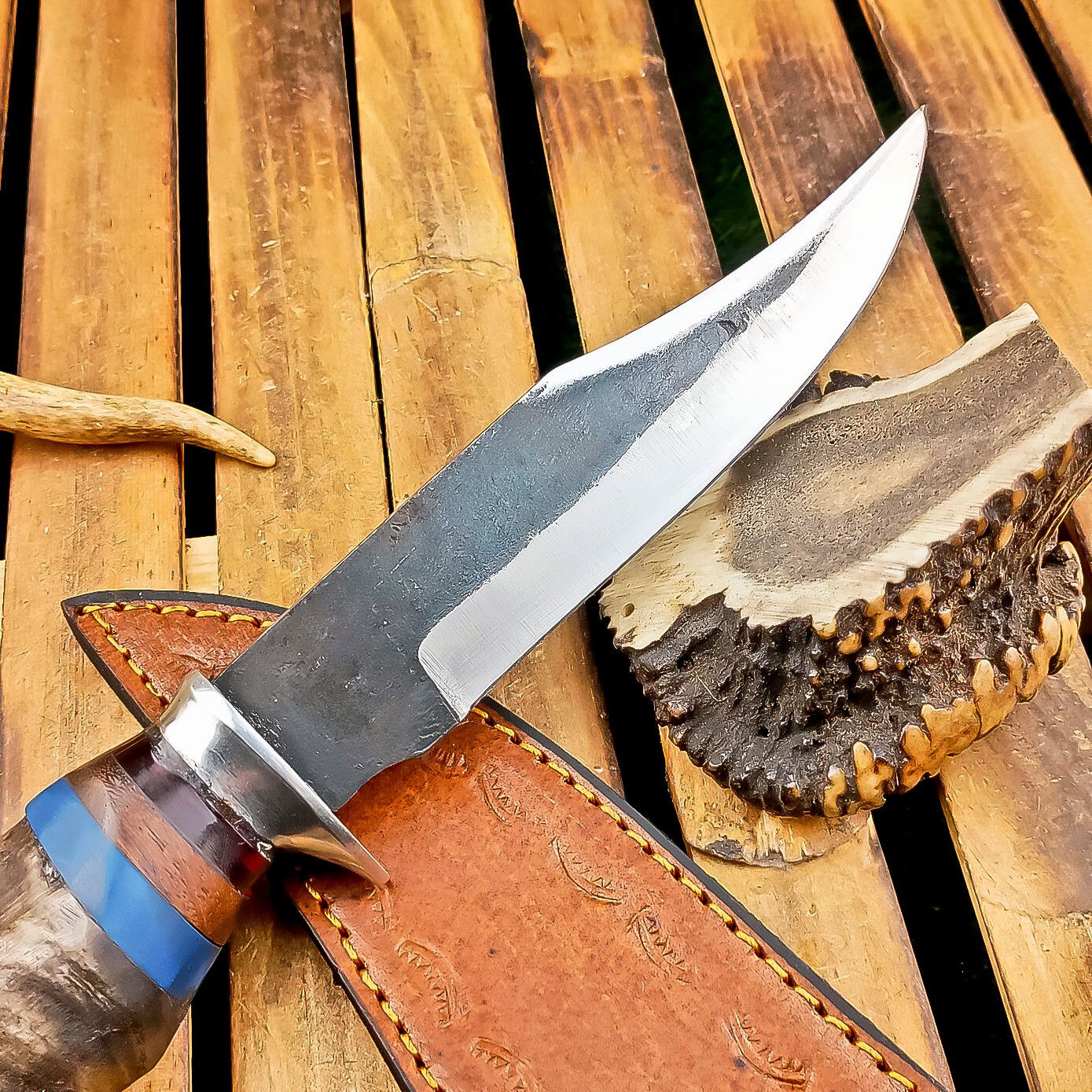13" Ram Horn Handle Carbon Steel Bowie Knife – Handmade Heritage Forge Blade