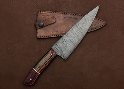 Premium Full Tang Damascus Steel Chef Fillet Knife | Handmade Kitchen Knife with Pakka Wood Handle & Leather Sheath