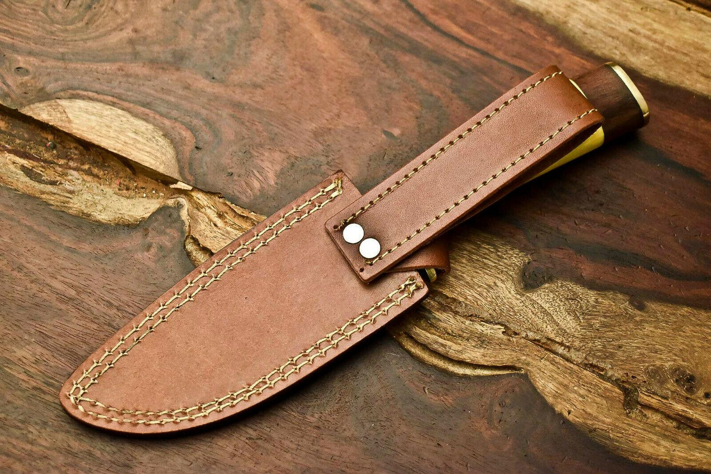 12.5" Damascus Bowie Knife – Camel Bone Handle & Leather Sheath