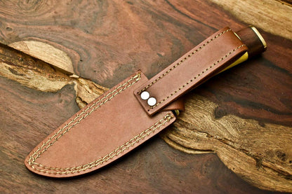 12.5" Damascus Bowie Knife – Camel Bone Handle & Leather Sheath