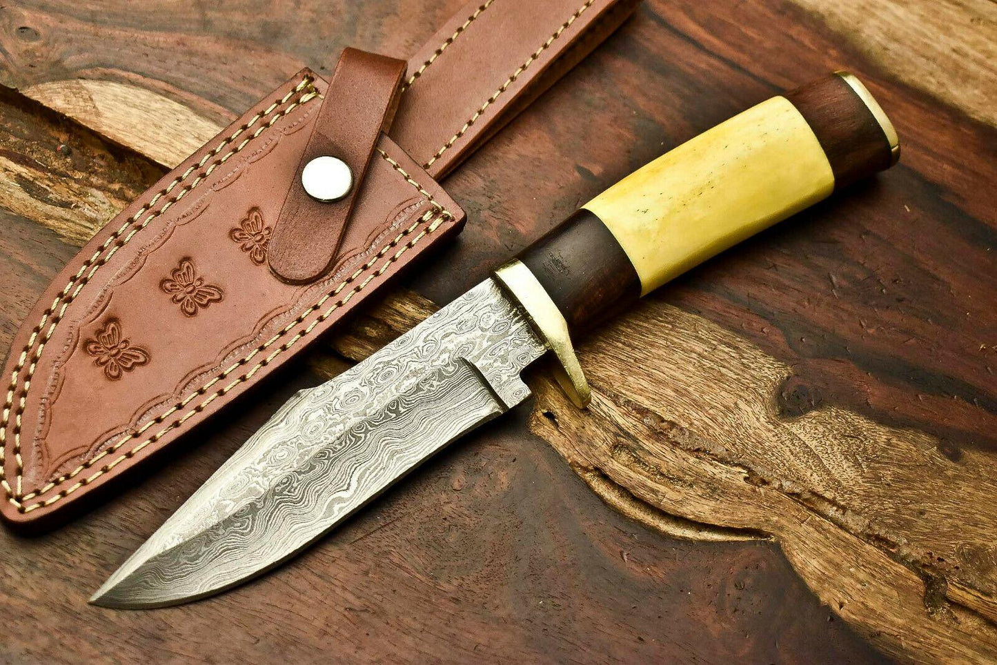 12.5" Damascus Bowie Knife – Camel Bone Handle & Leather Sheath