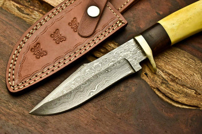12.5" Damascus Bowie Knife – Camel Bone Handle & Leather Sheath